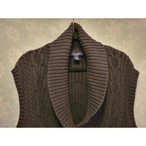 Chaps Cable Knit Sweater Vest Women's L Black Shawl Neck Knit Cardigan Chunky